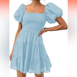 ZESICA Women's Boho Summer Square Neck Puff Sleeve Off Shoulder A Line Dress